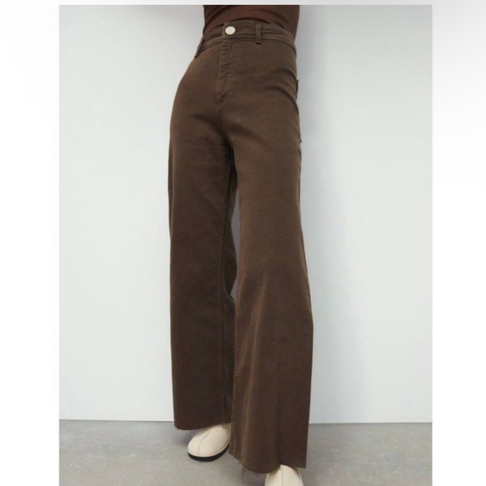 Zara Marine Straight Pants Womens 6 Brown Excellent High Rise Raw Hem Wide Leg